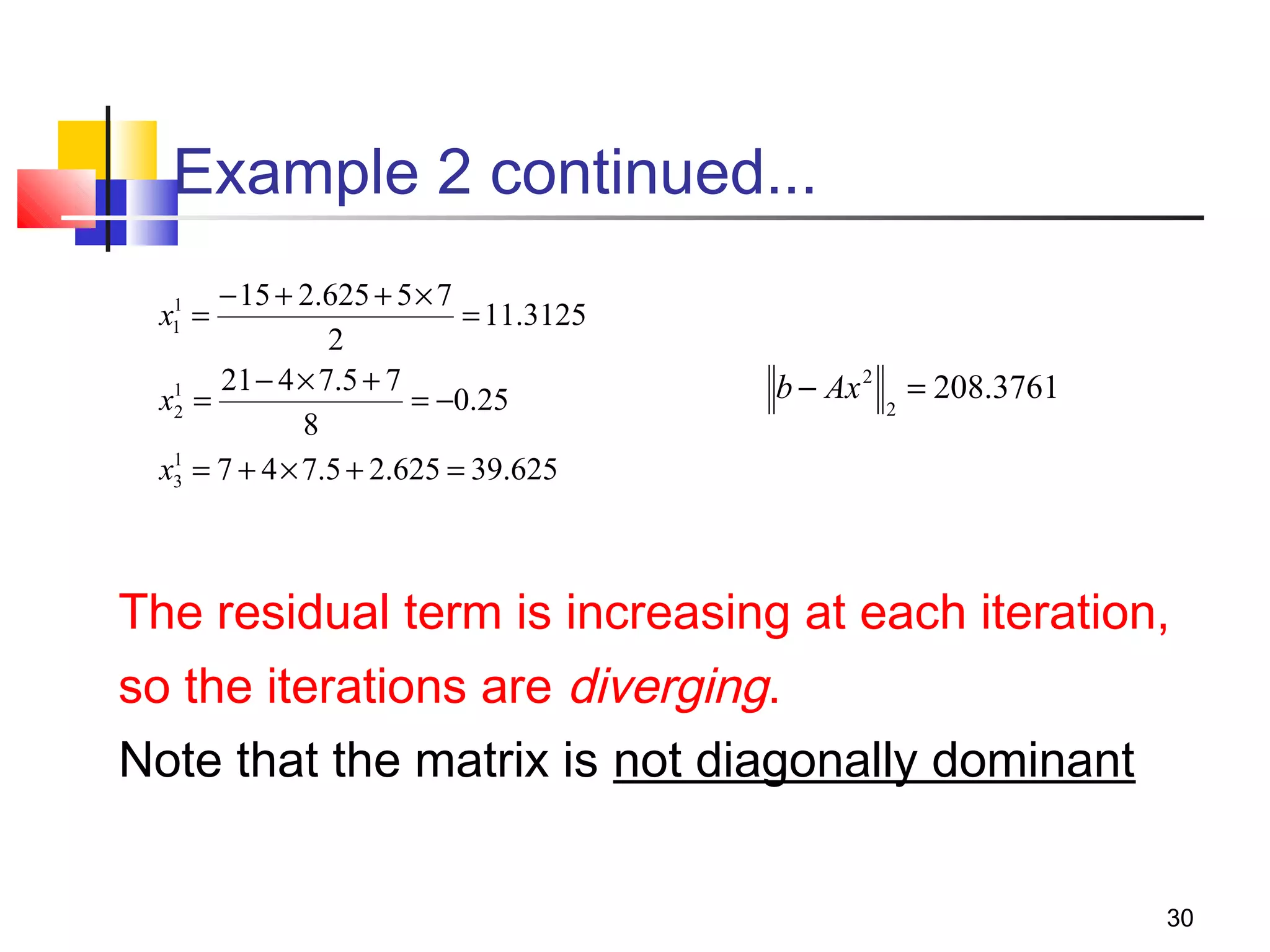 Example 2 continued...
− 15 + 2.625 + 5 × 7
= 11.3125
2
21 − 4 × 7.5 + 7
x1 =
= −0.25
2
8
1
x3 = 7 + 4 × 7.5 + 2.625 = 39.625
1
x1 =

b − Ax 2

2

= 208.3761

The residual term is increasing at each iteration,
so the iterations are diverging.
Note that the matrix is not diagonally dominant
30

 