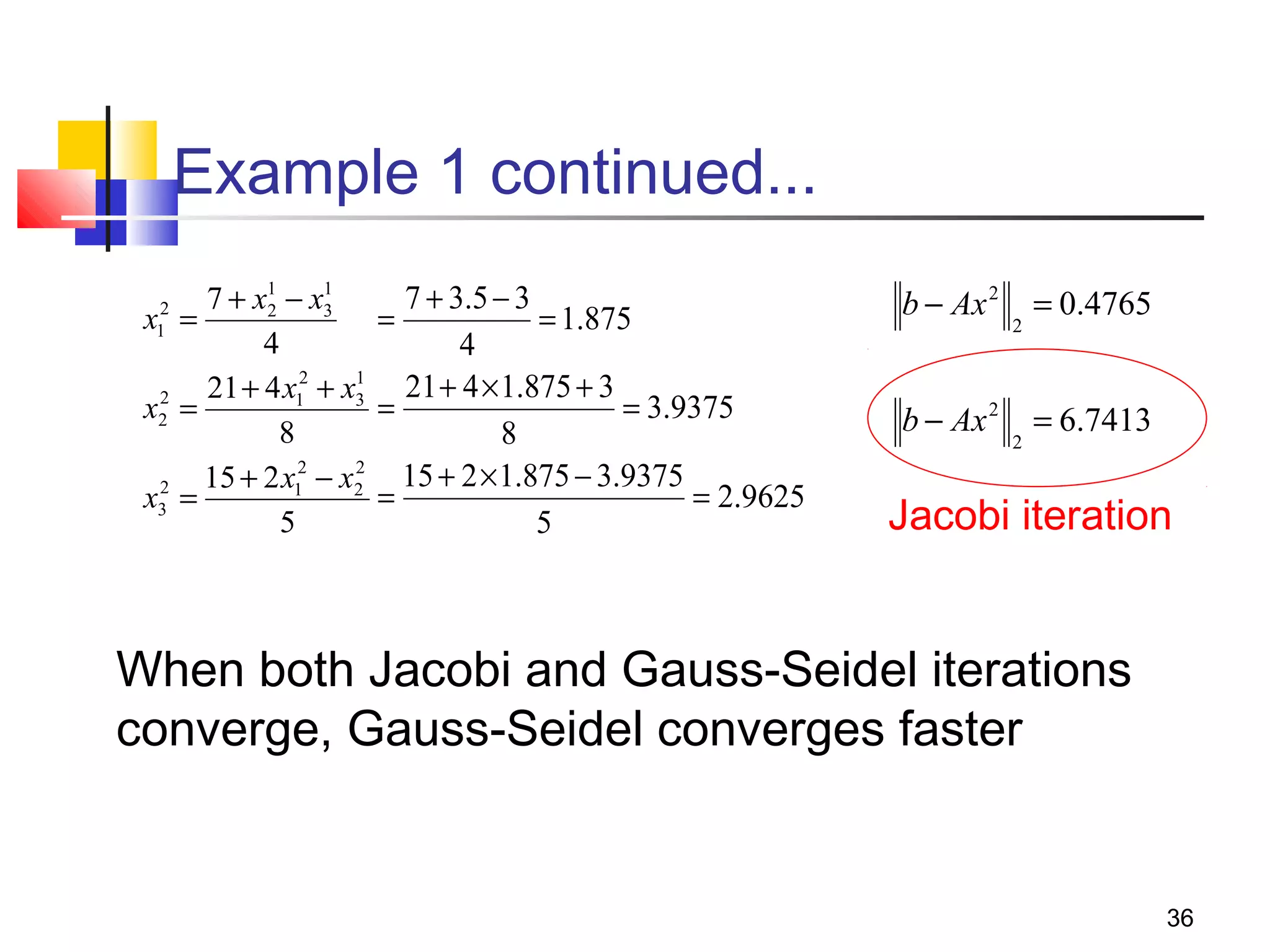 Example 1 continued...
1
7 + 3.5 − 3
7 + x1 − x3
2
x =
=
= 1.875
4
4
1
21 + 4 x12 + x3 21 + 4 × 1.875 + 3
2
x2 =
=
= 3.9375
8
8
2
15 + 2 x12 − x2 15 + 2 × 1.875 − 3.9375
2
=
= 2.9625
x3 =
5
5
2
1

b − Ax 2
b − Ax 2

2

2

= 0.4765
= 6.7413

Jacobi iteration

When both Jacobi and Gauss-Seidel iterations
converge, Gauss-Seidel converges faster

36

 