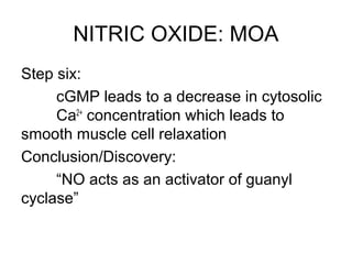 NITRIC OXIDE: MOA
Step six:
cGMP leads to a decrease in cytosolic
Ca2+
concentration which leads to
smooth muscle cell relaxation
Conclusion/Discovery:
“NO acts as an activator of guanyl
cyclase”
 