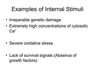 Examples of Internal Stimuli
• Irreparable genetic damage
• Extremely high concentrations of cytosolic
Ca2+
• Severe oxidative stress
• Lack of survival signals (Absence of
growth factors)
 
