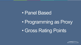 • Panel Based 
• Programming as Proxy 
• Gross Rating Points 
 