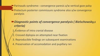 Parinauds syndrome:- convergence paresis a/w vertical gaze palsy
Pretectum posterior commissure syndrome also a/w convergence
paralysis
Diagnostic points of convergence paralysis ( Bielschowsky,s
criteria)
1. Evidence of intra cranial disease
2. Crossed diplopia on attempted near fixation
3. Reproducible findings on subsequent examinations
4. Preservation of accomodation and pupillary rxn
 
