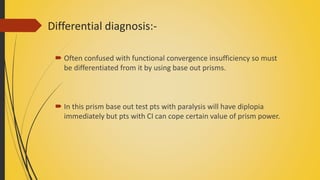 Differential diagnosis:-
 Often confused with functional convergence insufficiency so must
be differentiated from it by using base out prisms.
 In this prism base out test pts with paralysis will have diplopia
immediately but pts with CI can cope certain value of prism power.
 