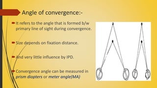 Angle of convergence:-
It refers to the angle that is formed b/w
primary line of sight during convergence.
Size depends on fixation distance.
And very little influence by IPD.
Convergence angle can be measured in
prism diopters or meter angle(MA)
 