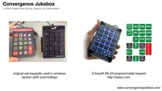 www.convergencejukebox.com
original usb keypads used in windows
version (with auto hotkey)
X-keys® XK-24 programmable keypad
http://xkeys.com
 