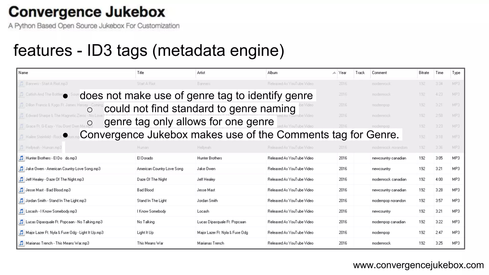 www.convergencejukebox.com
features - ID3 tags (metadata engine)
● does not make use of genre tag to identify genre
o could not find standard to genre naming
o genre tag only allows for one genre
● Convergence Jukebox makes use of the Comments tag for Genre.
 