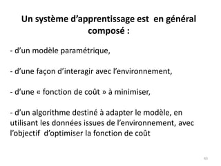 Un système d’apprentissage est en général
composé :
- d’un modèle paramétrique,
- d’une façon d’interagir avec l’environnement,
- d’une « fonction de coût » à minimiser,
- d’un algorithme destiné à adapter le modèle, en
utilisant les données issues de l’environnement, avec
l’objectif d’optimiser la fonction de coût
43
 