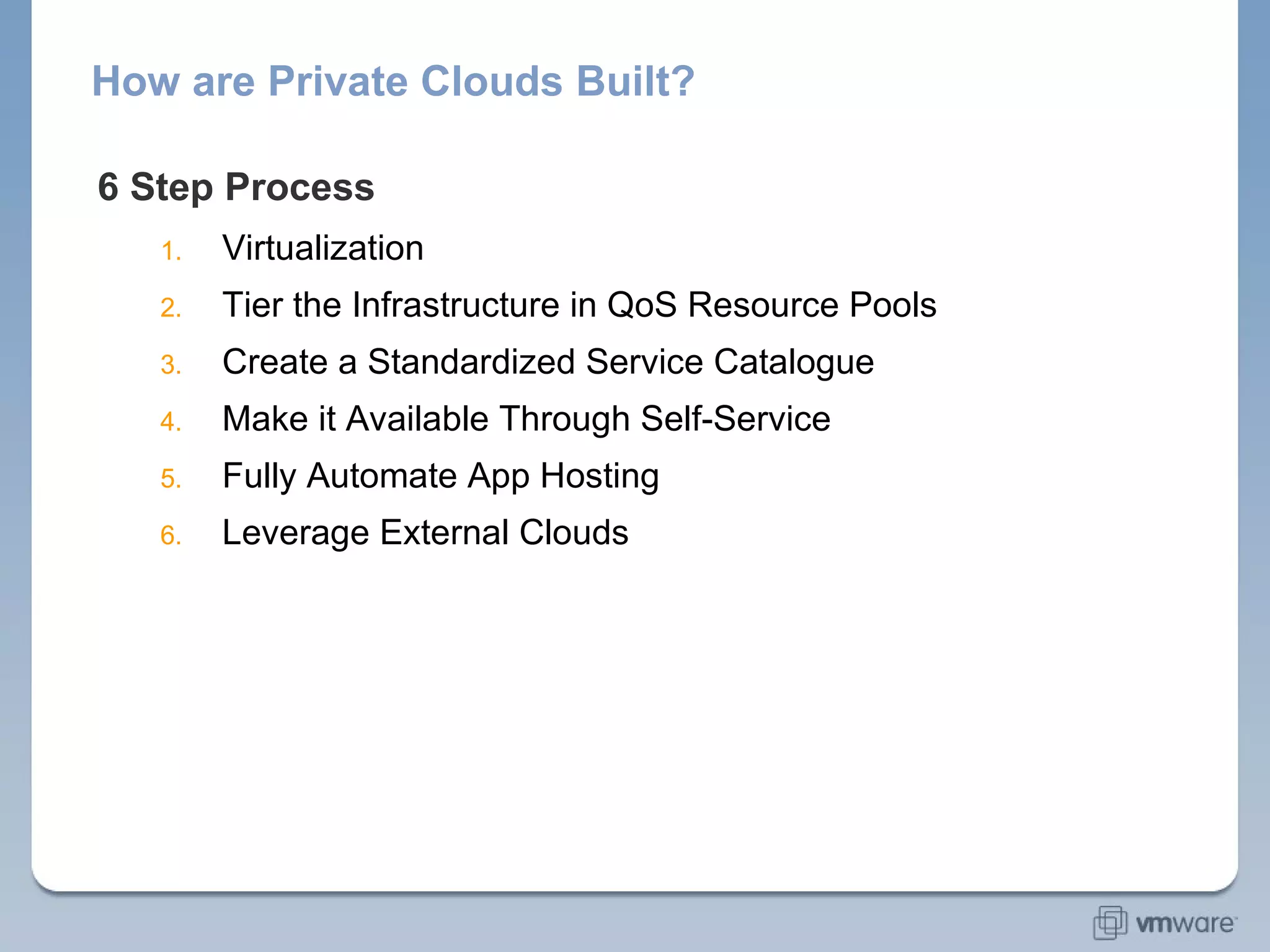 How are Private Clouds Built? 6 Step Process Virtualization Tier the Infrastructure in QoS Resource Pools Create a Standardized Service Catalogue Make it Available Through Self-Service Fully Automate App Hosting Leverage External Clouds 