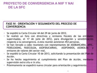 FASE IV: ORIENTACIÓN Y SEGUIMIENTO DEL PROCESO DE 
CONVERGENCIA 
• Se expidió la Carta Circular 44 del 29 de junio de 2012. 
• Se realizó un foro con directivos y revisores fiscales de las entidades 
supervisadas, el 17 de julio de 2012, para divulgación y sensibilización 
respecto a la convergencia. A esta reunión asistieron 453 personas. 
• Se han llevado a cabo reuniones con representantes de ASOBANCARIA, AFIC, 
FEDELEASING, FASECOLDA, ASOFIDUCIARIAS, ASOFONDOS, ASOBOLSA y 
emisores de valores del sector real. 
• Se expidió la Carta Circular 10 de 2013, solicitando la presentación del Plan de 
11 
Acción. 
• Se ha hecho seguimiento al cumplimiento del Plan de Acción, mediante 
supervisión extra situ e in situ. 
• Próximamente se expedirá nueva circular para orientación y seguimiento. 
