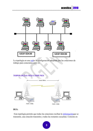 acostica 2010




La topología en una redes la configuración adoptada por las estaciones de
trabajo para conectarse entre si.




TOPOLOGÍAS MÁS COMUNES




BUS:

 Esta topología permite que todas las estaciones reciban la informaciónque se
transmite, una estación transmite y todas las restantes escuchan. Consiste en



                                      3
 