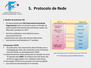 1. Modelo de protocolo OSI
• Foi desenvolvida pela ISO (International Standards
Organization) como um primeiro passo na direção da
padronização internacional dos protocolos usados nas
diferentes camadas em 1977.
• Permitiu estabelecer uma referência para o
desenvolvimento de
equipamentos por parte dos diversos fabricantes.
• Sua estrutura está baseada em 7 camadas.
Figura: Comparativa entre as Camadas do protocolo TCP/IP X OSI
Fonte: http://civil.fe.up.pt/acruz/Mi99/asr/IPv4.htm
CENTRO UNIVERSITÁRIO DA FEI
SISTEMAS DE INFORMAÇÃO - NPA 810
5. Protocolo de Rede
2.Protocolos TCP/IP
• Os protocolos mais importantes desenvolvidos para a
interligação de redes são conhecidos como Protocolos
Internet TCP/IP, ou abreviadamente TCP/IP.
• O desenvolvimento destes protocolos foi iniciado nos anos
70 apoiado pela ARPA. Os militares dos EUA foram das
primeiras organizações a ter múltiplas redes físicas.
• A tecnologia TCP/IP tornou possível uma Internet global.
• Sua estrutura está baseada em 4 camadas.
 