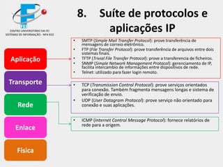 8. Suíte de protocolos e
aplicações IPCENTRO UNIVERSITÁRIO DA FEI
SISTEMAS DE INFORMAÇÃO - NPA 810
• SMTP (Simple Mail Transfer Protocol): prove transferência de
mensagens de correio eletrônico.
• FTP (File Transfer Protocol): prove transferência de arquivos entre dois
sistemas finais.
• TFTP (Trivial File Transfer Protocol): prove a transferencia de ficheiros.
• SNMP (Simple Network Management Protocol): gerenciamento de IP,
facilita intercambio de informações entre dispositivos de rede.
• Telnet: utilizado para fazer login remoto.
Aplicação
Transporte
Rede
Enlace
Física
Transporte
Rede
Enlace
Transporte
Rede
Física
Enlace
Transporte
Rede
Transporte
Rede
Enlace
Transporte
Rede
Física
Enlace
Transporte
Rede
Transporte
Rede
Enlace
Transporte
Rede
Física
Enlace
Transporte
Rede
Transporte
Rede
Enlace
Transporte
Rede
Física
Enlace
Transporte
Rede
• TCP (Transmission Control Protocol): prove serviços orientados
para conexão. Também fragmenta mensagens longas e sistema de
verificação de envio.
• UDP (User Datagram Protocol): prove serviço não orientado para
conexão e suas aplicações.
• ICMP (Internet Control Message Protocol): fornece relatórios de
rede para a origem.
 