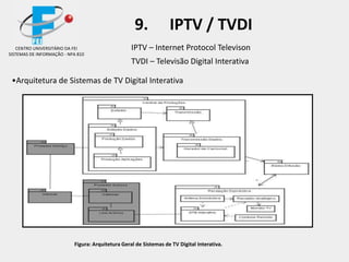 Figura: Arquitetura Geral de Sistemas de TV Digital Interativa.
•Arquitetura de Sistemas de TV Digital Interativa
IPTV – Internet Protocol Televison
TVDI – Televisão Digital Interativa
CENTRO UNIVERSITÁRIO DA FEI
SISTEMAS DE INFORMAÇÃO - NPA 810
9. IPTV / TVDI
 