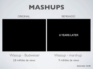 Wassup - Budweiser Wassup - marshup
3,8 milhões de views 9 milhões de views
ORIGINAL REMIXADO
MASHUPS
Alysson Lisboa - Uni...