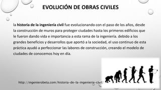 EVOLUCIÓN DE OBRAS CIVILES
la historia de la ingeniería civil fue evolucionando con el paso de los años, desde
la construcción de muros para proteger ciudades hasta los primeros edificios que
le fueron dando vida e importancia a esta rama de la ingeniería. debido a los
grandes beneficios y desarrollos que aportó a la sociedad, el uso continuo de esta
práctica ayudó a perfeccionar las labores de construcción, creando el modelo de
ciudades de conocemos hoy en día.
http://ingenierobeta.com/historia-de-la-ingenieria-civil/
 