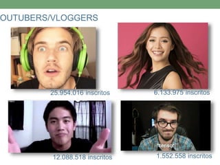 YOUTUBERS/VLOGGERS 
25.954.016 inscritos 6.133.975 inscritos 
12.088.518 inscritos 1.552.558 inscritos 
 