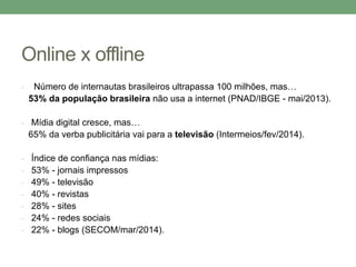 Online x offline 
- Número de internautas brasileiros ultrapassa 100 milhões, mas… 
53% da população brasileira não usa a internet (PNAD/IBGE - mai/2013). 
- Mídia digital cresce, mas… 
65% da verba publicitária vai para a televisão (Intermeios/fev/2014). 
- Índice de confiança nas mídias: 
- 53% - jornais impressos 
- 49% - televisão 
- 40% - revistas 
- 28% - sites 
- 24% - redes sociais 
- 22% - blogs (SECOM/mar/2014). 
 