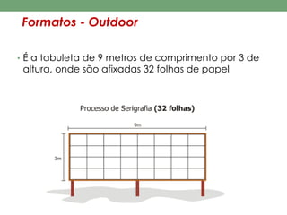 Formatos - Outdoor 
• É a tabuleta de 9 metros de comprimento por 3 de 
altura, onde são afixadas 32 folhas de papel 
 
