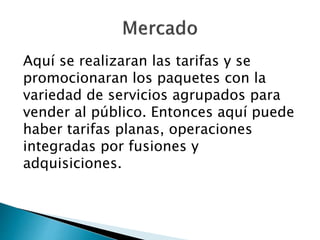 Aquí se realizaran las tarifas y se
promocionaran los paquetes con la
variedad de servicios agrupados para
vender al público. Entonces aquí puede
haber tarifas planas, operaciones
integradas por fusiones y
adquisiciones.
 