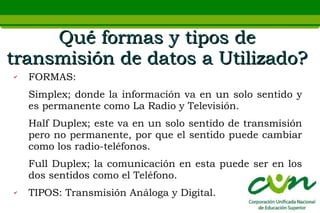 Qué formas y tipos de
transmisión de datos a Utilizado?
✔   FORMAS:
    Simplex; donde la información va en un solo sentido y
    es permanente como La Radio y Televisión.
    Half Duplex; este va en un solo sentido de transmisión
    pero no permanente, por que el sentido puede cambiar
    como los radio-teléfonos.
    Full Duplex; la comunicación en esta puede ser en los
    dos sentidos como el Teléfono.
✔   TIPOS: Transmisión Análoga y Digital.
 
