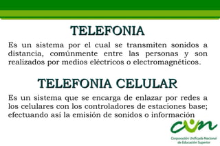 TELEFONIA
Es un sistema por el cual se transmiten sonidos a
distancia, comúnmente entre las personas y son
realizados por medios eléctricos o electromagnéticos .


        TELEFONIA CELULAR
Es un sistema que se encarga de enlazar por redes a
los celulares con los controladores de estaciones base;
efectuando así la emisión de sonidos o información
 