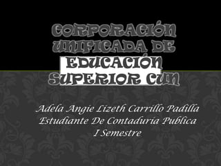 CORPORACIÓN
  UNIFICADA DE
    EDUCACIÓN
  SUPERIOR CUN

Adela Angie Lizeth Carrillo Padilla
Estudiante De Contaduría Publica
           I Semestre
 