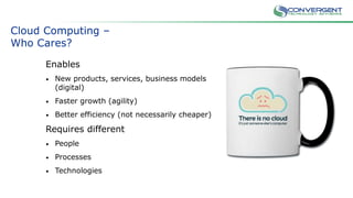 Cloud Computing –
Who Cares?
Enables
• New products, services, business models
(digital)
• Faster growth (agility)
• Better efficiency (not necessarily cheaper)
Requires different
• People
• Processes
• Technologies
 