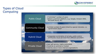 Types of Cloud
Computing
•“Unlimited” number of users
•Share a common platform, e.g. Google, Amazon AWS,
Microsoft Azure, etc.
Public Cloud
•Limited number of users linked by special interests, i.e.
“government cloud”Community Cloud
•Integrated combination of private, public and/or
community cloud services from different providersHybrid Cloud
•User self service, highly automated
•Could be on premise or hosted
•Used by one or more internal organizations
Private Cloud
 