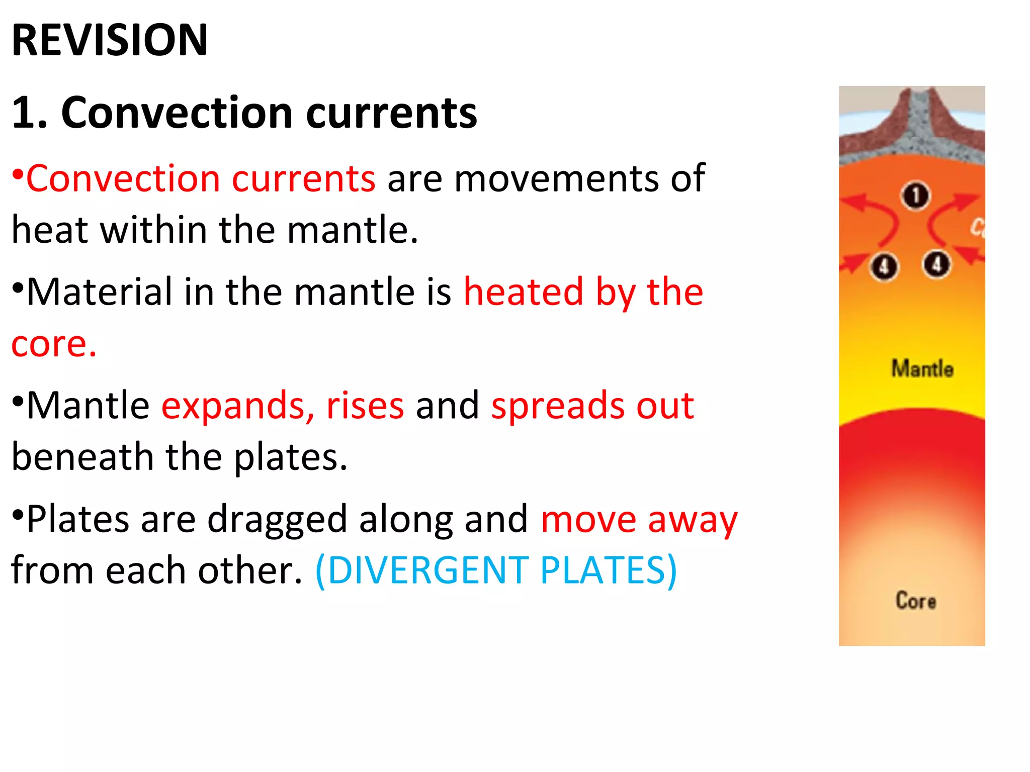 REVISION
1. Convection currents
•Convection currents are movements of
heat within the mantle.
•Material in the mantle is heated by the
core.
•Mantle expands, rises and spreads out
beneath the plates.
•Plates are dragged along and move away
from each other. (DIVERGENT PLATES)
 