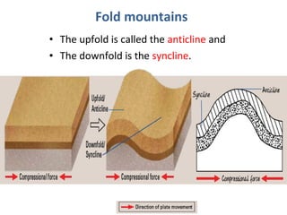 • The upfold is called the anticline and
• The downfold is the syncline.
Fold mountains
 