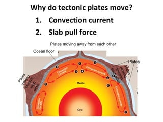 1. Convection current
2. Slab pull force
Why do tectonic plates move?
Plates moving away from each other
Platesmoving
towardseachother
Plates
moving
towards
eachother
Plates
Ocean floor
 