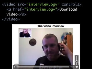 <video src="interview.ogv" controls>
  <a href="interview.ogv">Download
  video</a>
</video>
 