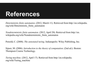 References
Deterministic finite automaton. (2012, March 11). Retrieved from http://en.wikipedia.
org/wiki/Deterministic_finite_automaton

Nondeterministic finite automaton. (2012, April 20). Retrieved from http://en.
wikipedia.org/wiki/Nondeterministic_finite_automaton

Petzold, C. (2008). The annotated turing. Indianapolis: Wiley Publishing, Inc.

Sipser, M. (2006). Introduction to the theory of computation. (2nd ed.). Boston:
Thompson Course Technology.

Turing machine. (2012, April 17). Retrieved from http://en.wikipedia.
org/wiki/Turing_machine
 