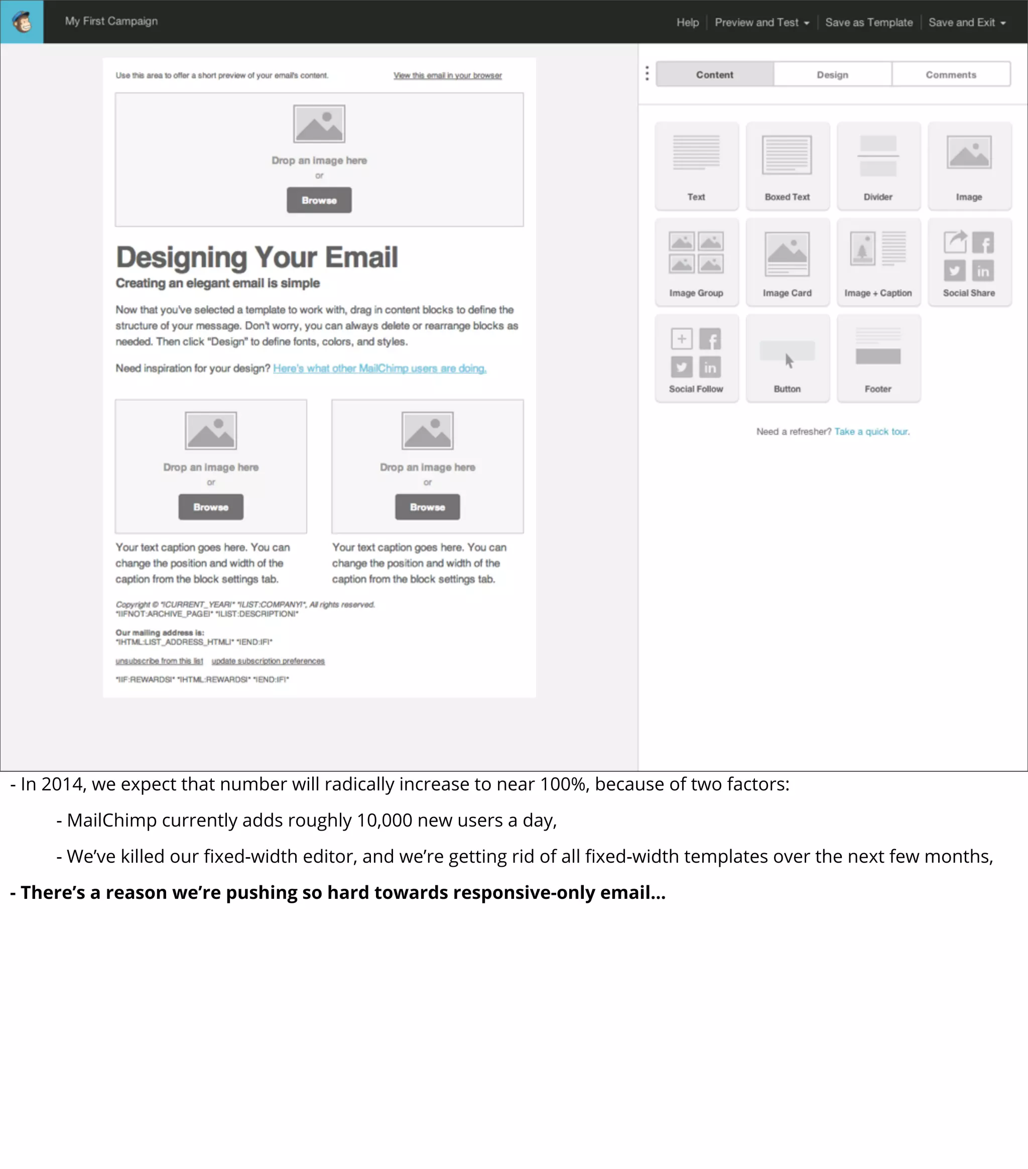- In 2014, we expect that number will radically increase to near 100%, because of two factors:
- MailChimp currently adds roughly 10,000 new users a day,
- We’ve killed our ﬁxed-width editor, and we’re getting rid of all ﬁxed-width templates over the next few months,
- There’s a reason we’re pushing so hard towards responsive-only email...
 