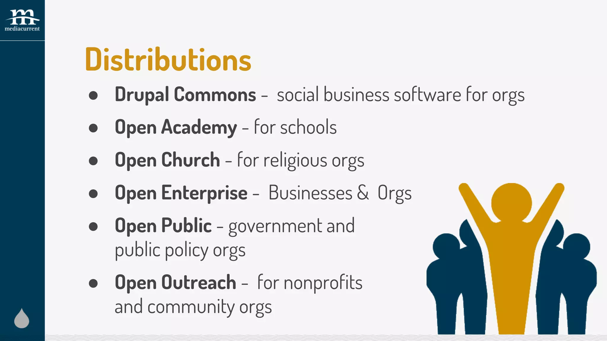 Distributions
● Drupal Commons - social business software for orgs
● Open Academy - for schools
● Open Church - for religious orgs
● Open Enterprise - Businesses & Orgs
● Open Public - government and
public policy orgs
● Open Outreach - for nonprofits
and community orgs
 