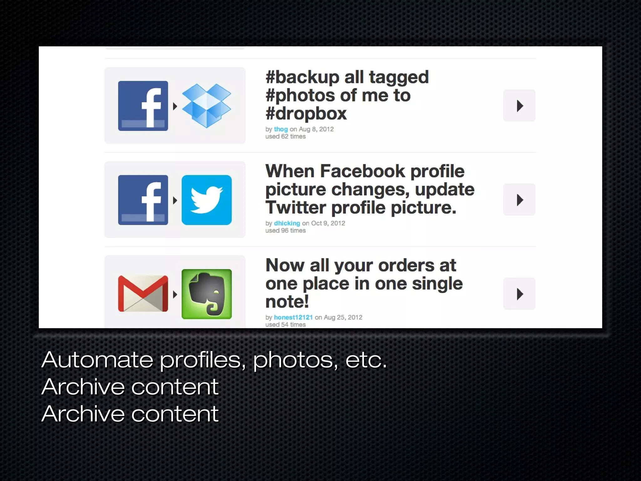 Automate profiles, photos, etc.
Archive content
Archive content
 