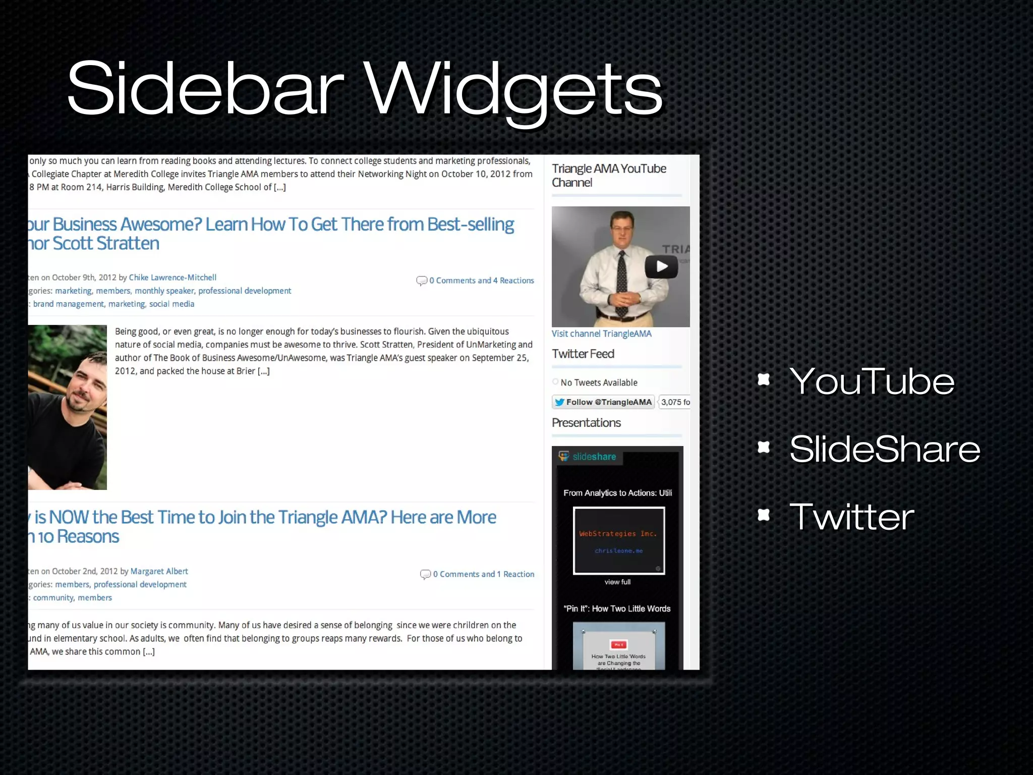 Sidebar Widgets


                  YouTube
                  SlideShare
                  Twitter
 