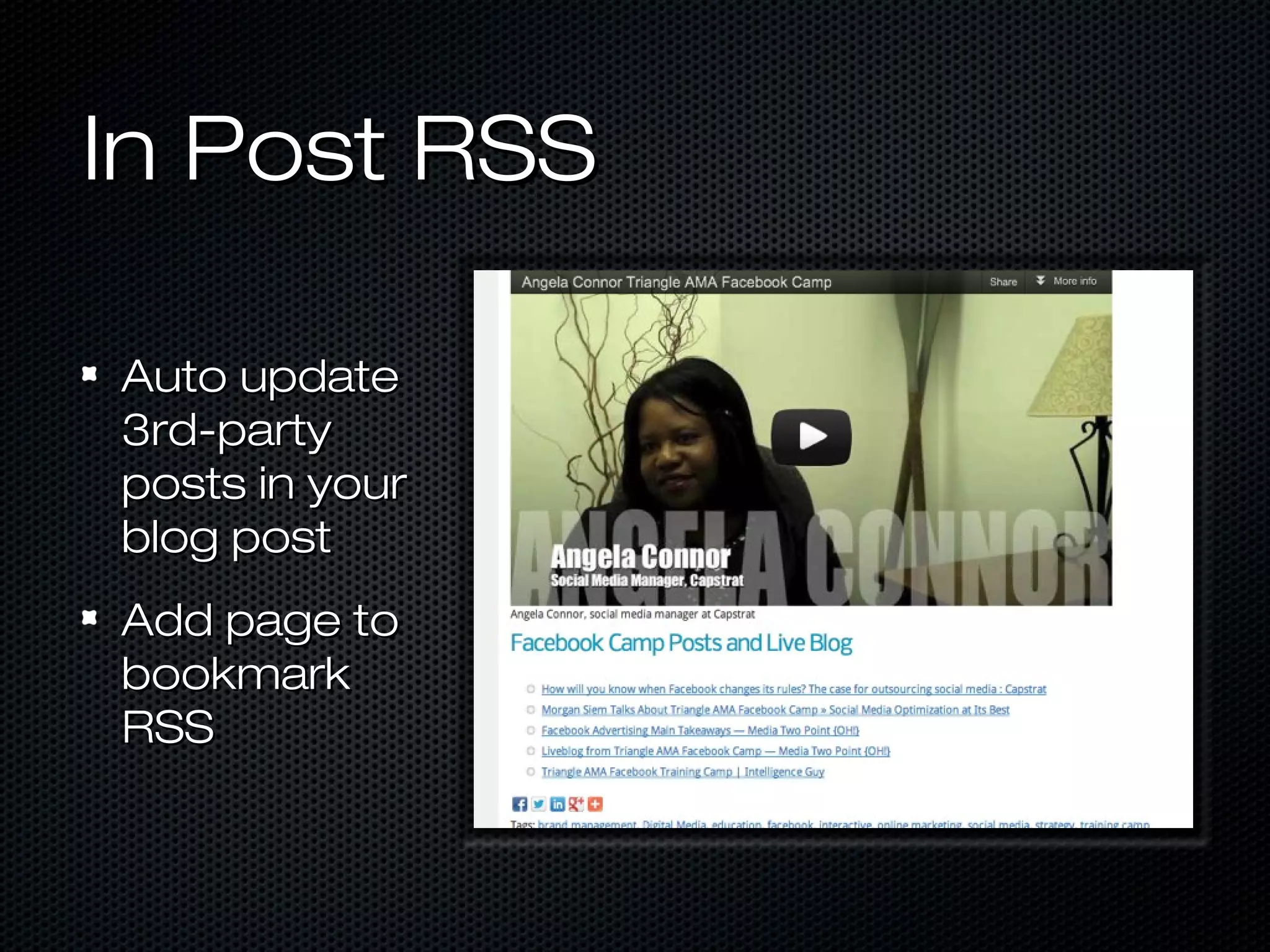 In Post RSS

Auto update
3rd-party
posts in your
blog post
Add page to
bookmark
RSS
 