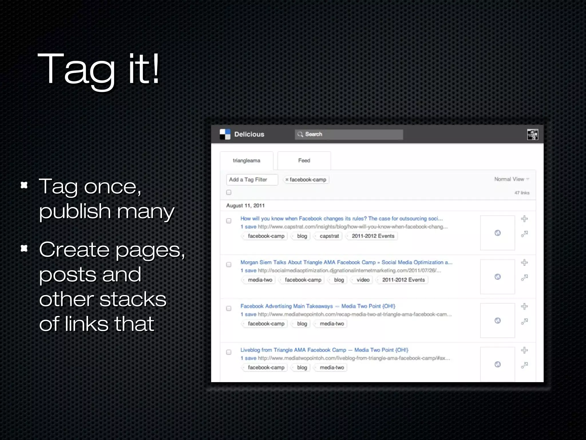 Tag it!

Tag once,
publish many
Create pages,
posts and
other stacks
of links that
 