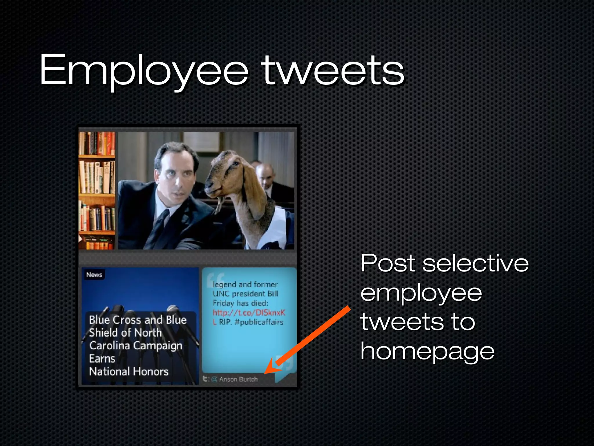 Employee tweets



             Post selective
             employee
             tweets to
             homepage
 