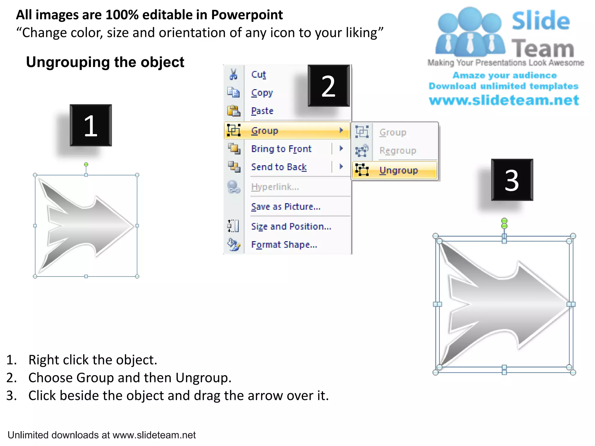 All images are 100% editable in Powerpoint
“Change color, size and orientation of any icon to your liking”
Ungrouping the object
2
1
3
1. Right click the object.
2. Choose Group and then Ungroup.
3. Click beside the object and drag the arrow over it.
Unlimited downloads at www.slideteam.net