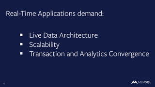 12
Real-Time Applications demand:
§ Live Data Architecture
§ Scalability
§ Transaction and Analytics Convergence
 