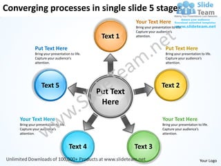 Converging processes in single slide 5 stages
                                                            Your Text Here
                                                            Bring your presentation to life.
                                                            Capture your audience’s
                                                  Text 1    attention.


              Put Text Here                                                     Put Text Here
              Bring your presentation to life.                                  Bring your presentation to life.
              Capture your audience’s                                           Capture your audience’s
              attention.                                                        attention.




                   Text 5                                                     Text 2
                                                 Put Text
                                                  Here
    Your Text Here                                                            Your Text Here
    Bring your presentation to life.                                          Bring your presentation to life.
    Capture your audience’s                                                   Capture your audience’s
    attention.                                                                attention.


                                       Text 4               Text 3
                                                                                                        Your Logo
 