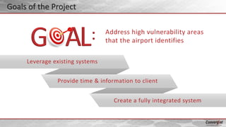 Provide time & information to client
Leverage existing systems
Create a fully integrated system
Address high vulnerability areas
that the airport identifies
Goals of the Project
 