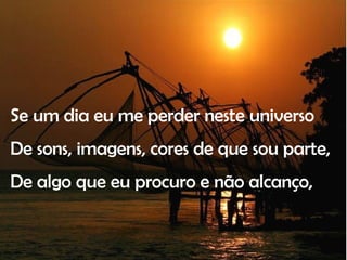 Se um dia eu me perder neste universo De sons, imagens, cores de que sou parte, De algo que eu procuro e não alcanço, 