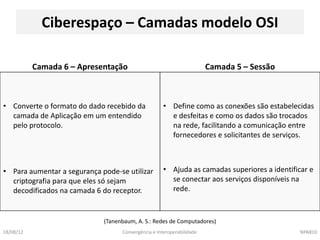 Ciberespaço – Camadas modelo OSI

           Camada 6 – Apresentação                                     Camada 5 – Sessão



• Converte o formato do dado recebido da             • Define como as conexões são estabelecidas
  camada de Aplicação em um entendido                  e desfeitas e como os dados são trocados
  pelo protocolo.                                      na rede, facilitando a comunicação entre
                                                       fornecedores e solicitantes de serviços.



• Para aumentar a segurança pode-se utilizar         • Ajuda as camadas superiores a identificar e
  criptografia para que eles só sejam                  se conectar aos serviços disponíveis na
  decodificados na camada 6 do receptor.               rede.



                             (Tanenbaum, A. S.: Redes de Computadores)
18/08/12                           Convergência e Interoperabilidade                          NPA810
 