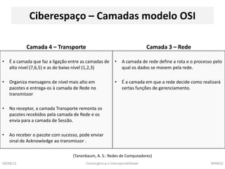 Ciberespaço – Camadas modelo OSI

            Camada 4 – Transporte                                           Camada 3 – Rede

•   É a camada que faz a ligação entre as camadas de      •   A camada de rede define a rota e o processo pelo
    alto nível (7,6,5) e as de baixo nível (1,2,3)            qual os dados se movem pela rede.

•   Organiza mensagens de nível mais alto em              •   É a camada em que a rede decide como realizará
    pacotes e entrega-os à camada de Rede no                  certas funções de gerenciamento.
    transmissor

•   No receptor, a camada Transporte remonta os
    pacotes recebidos pela camada de Rede e os
    envia para a camada de Sessão.

•   Ao receber o pacote com sucesso, pode enviar
    sinal de Acknowledge ao transmissor .

                                  (Tanenbaum, A. S.: Redes de Computadores)
18/08/12                                Convergência e Interoperabilidade                               NPA810
 