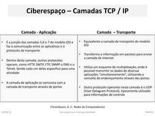 Ciberespaço – Camadas TCP / IP

              Camada - Aplicação                                            Camada – Transporte

•   É a junção das camadas 5,6 e 7 do modelo OSI e        •   Equivalente a camada de transporte do modelo
    faz a comunicação entre os aplicativos e o                OSI
    protocolo de transporte
                                                          •   Transforma a informação em pacotes para enviar
                                                              a camada de Internet
•   Dentro desta camada, outros protocolos
    operam, como HTTP, SMTP, FTP, SNMP o DNS e o
    Telnet. Sendo cada um deles específico para uma       •   Utiliza um esquema de multiplexação, onde é
                                                              possível transmitir os dados de diversas
    atividade                                                 aplicações “simultaneamente”, utilizando o
                                                              conceito do endereçamento através das portas
•   A camada de aplicação se comunica com a
    camada de transporte através de portas                •   Outro protocolo operante nesta camada é o UDP
                                                              (User Datagram Protocol), tipicamente utilizado
                                                              para informações de controle


                                  (Tanenbaum, A. S.: Redes de Computadores)
18/08/12                                Convergência e Interoperabilidade                               NPA810
 