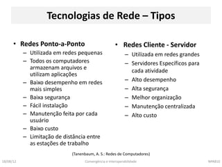 Tecnologias de Rede – Tipos

      • Redes Ponto-a-Ponto                           • Redes Cliente - Servidor
           – Utilizada em redes pequenas                    – Utilizada em redes grandes
           – Todos os computadores                          – Servidores Específicos para
             armazenam arquivos e
                                                              cada atividade
             utilizam aplicações
           – Baixo desempenho em redes                      – Alto desempenho
             mais simples                                   – Alta segurança
           – Baixa segurança                                – Melhor organização
           – Fácil instalação                               – Manutenção centralizada
           – Manutenção feita por cada                      – Alto custo
             usuário
           – Baixo custo
           – Limitação de distância entre
             as estações de trabalho
                             (Tanenbaum, A. S.: Redes de Computadores)
18/08/12                           Convergência e Interoperabilidade                        NPA810
 