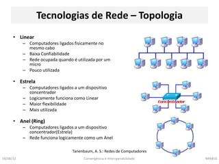 Tecnologias de Rede – Topologia
      • Linear
           – Computadores ligados fisicamente no
             mesmo cabo
           – Baixa Confiabilidade
           – Rede ocupada quando é utilizada por um
             micro
           – Pouco utilizada

      • Estrela
           – Computadores ligados a um dispositivo
             concentrador
           – Logicamente funciona como Linear
           – Maior flexibilidade
           – Mais utilizada

      • Anel (Ring)
           – Computadores ligados a um dispositivo
             concentrador(Estrela)
           – Rede funciona logicamente como um Anel

                                  Tanenbaum, A. S.: Redes de Computadores
18/08/12                                Convergência e Interoperabilidade   NPA810
 